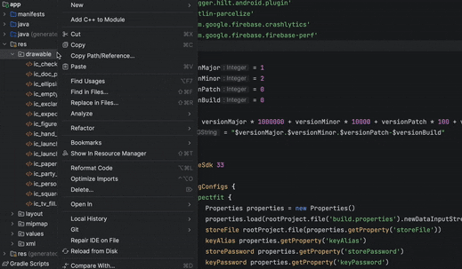 Creating a Vector Asset in Android Studio: right-click the res/drawable folder and choose New, Vector Asset
